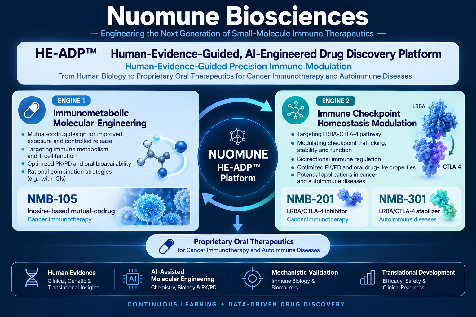 Nuomune HE-ADP platform diagram showing immunometabolic molecular engineering and immune checkpoint homeostasis modulation with NMB-105, NMB-201 and NMB-301.